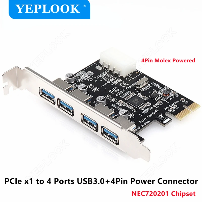 

PCIe 1x to 4 Port USB3.0 Expansion Card 4Pin Power Connector PCI Express Adapter USB 3.0 Hub High Speed 5Gbps Chipset NEC720201