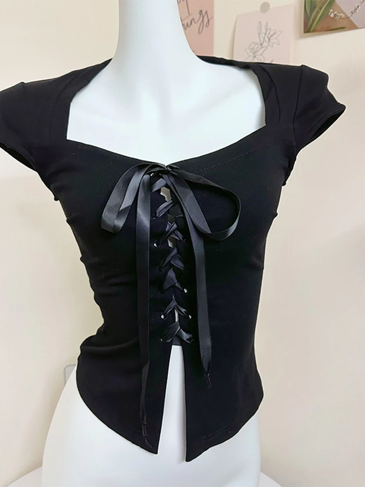 Summer Women Korean Fashion Solid Color Bodycon T Shirts Lace Up Design Short Sleeve Tees Square Collar Stretch Tops Streetwear
Summer Women Korean Fashion Solid Color Bodycon T Shirts Lace Up Design Short Sleeve Tees Square Collar Stretch Tops Streetwear
