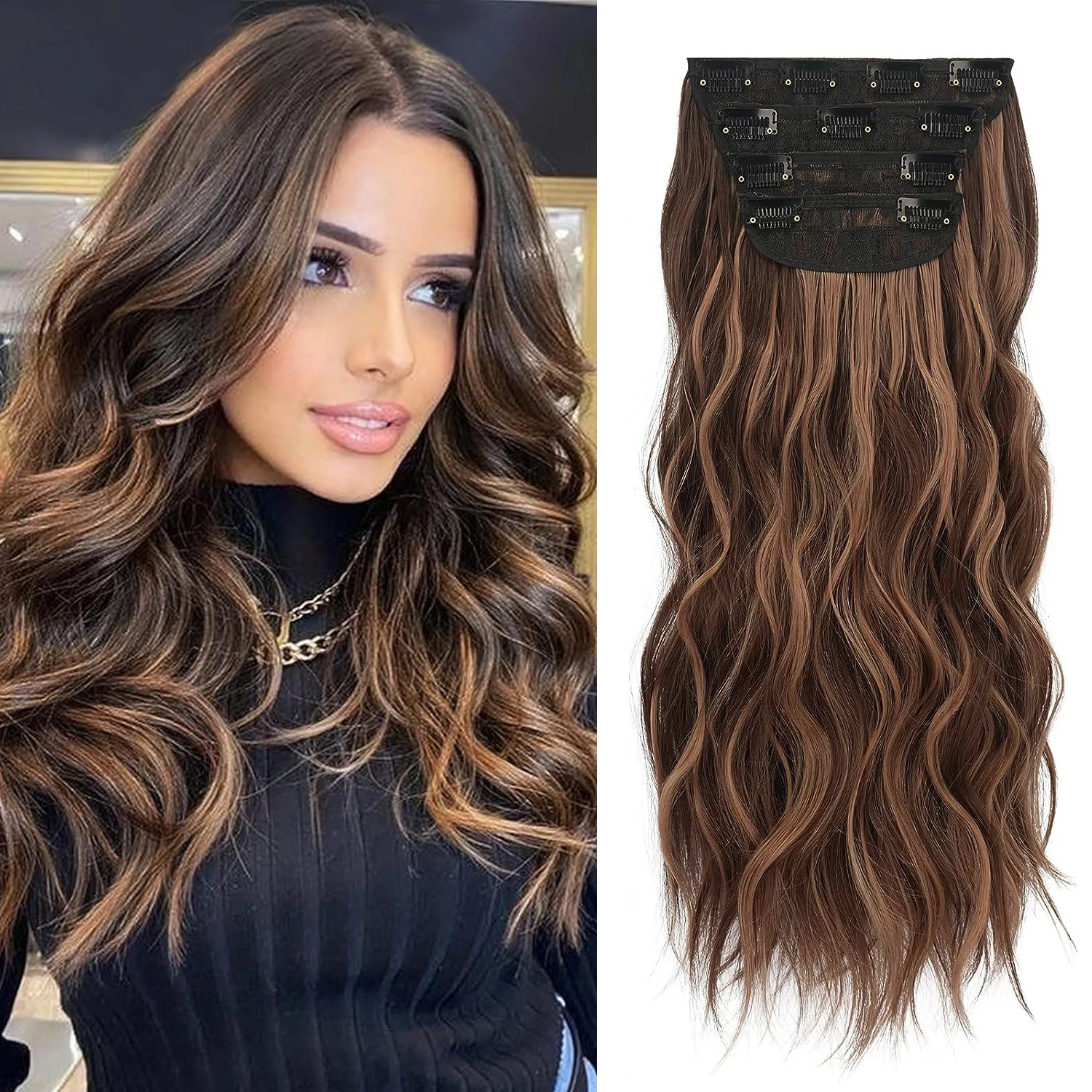 

4Pcs/Set 20Inch Synthetic Hair Clip In Long Wavy Thick Hairpieces For Women Full Head Synthetic Hair Extensions Ombre Hairpieces
