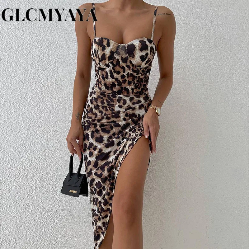 

GLCMYAYA Women Streetwear High Side Slit Folds Leopard Print Bodycon Dress 2023 Slash Neck High Waist Asymmetrical Dresses