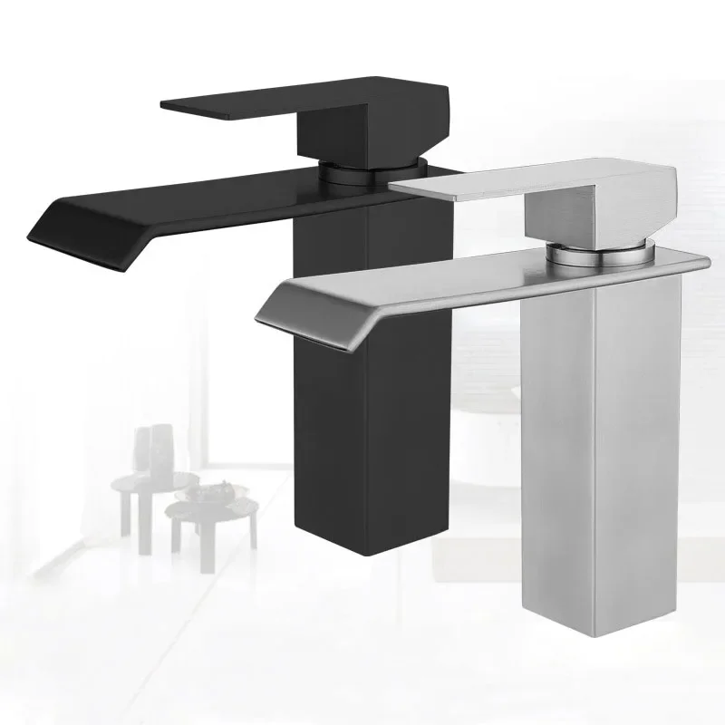 

Waterfall Basin Faucet Bathroom Deck Mounted Sink Tap Cold and Hot Water Mixer Tap Stainless Steel Vanity Vessel Sink Faucets