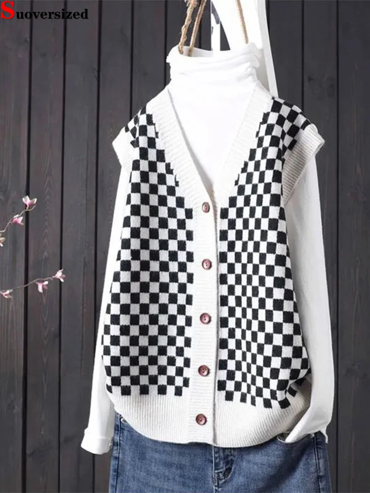 

New Korean Fashion Cardigan Elegant Sleeveless Waistcoat Casual Colete Spring Knitwear Sweater Vintage Plaid Loose Knitted Veste