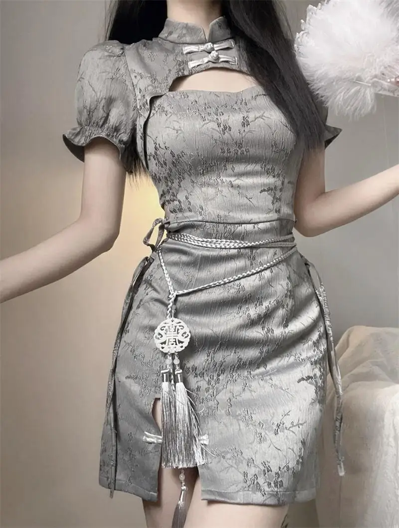 

2024 New Hollow Out Qipao Improved Chinese Dress Women Sexy Split Cheongsams Mandarin Collar Summer Wear Print Floral Vestidos