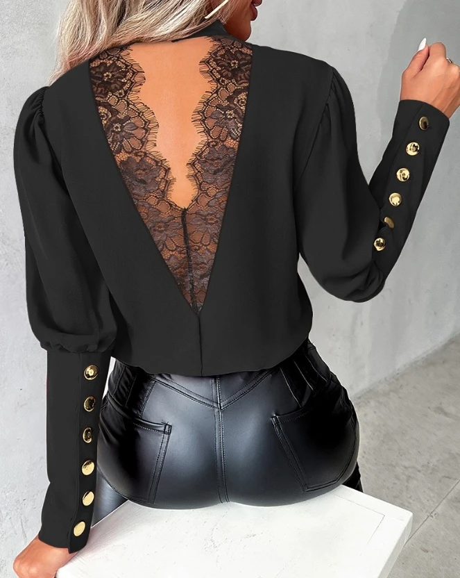 

Fashion Woman Blouse Spring Semi-Sheer Eyelash Lace Patch Buttoned Casual Plain O-Neck Long Sleeve Daily Tee Top Y2K Clothes