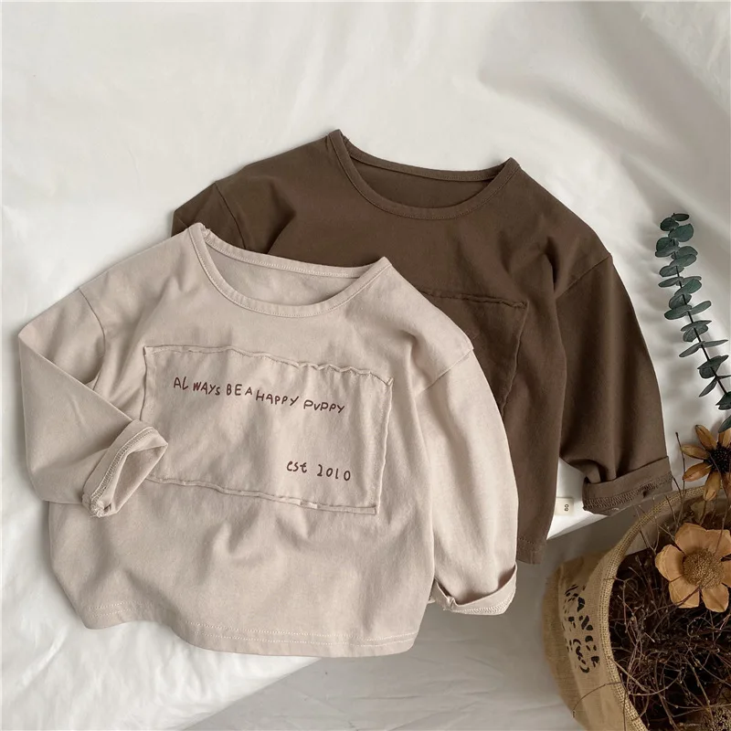 2025 Spring New Children Long Sleeve T Shirts Letter Patch Boys Vintage T Shirt Kids Bottoming Tops Baby Casual Tee Clothes 1 S1f51717c24314119a96c7261cf420553m