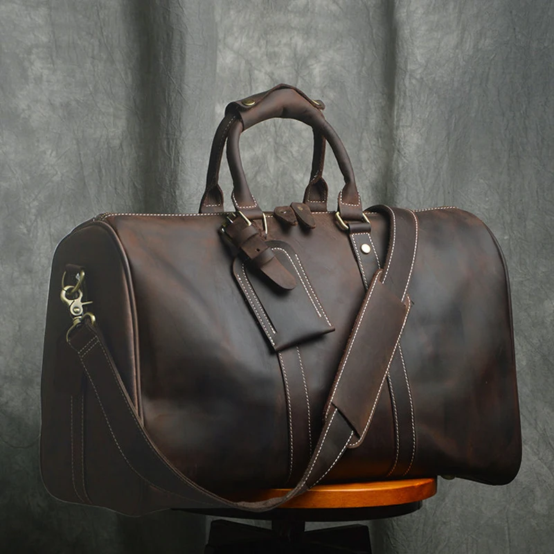 

Boston Crazy Horse Genuine Leather Men's Travel bag Tote duffle bag Leather luggage bag Big Shoulder Bag Overnight Weekend M087