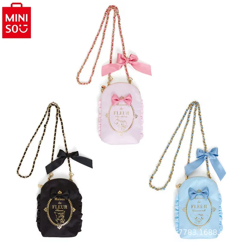 

MINISO Sanrio Cartoon Hello Kitty Kuromi Silk Sweet Versatile Phone Bag Student Storage Checker Fashion Chain Shoulder Bag