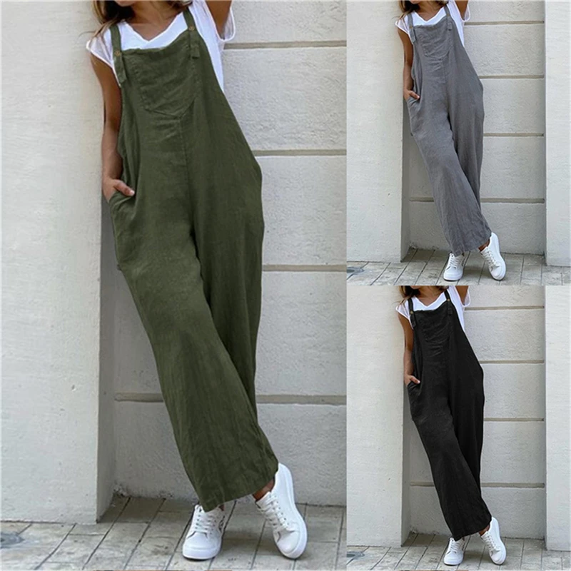 

Women Suspender Rompers Overalls 2023 Vintage Jumpsuits Playsuits Long Pockets Wide Leg Pants Combinaison Oversize