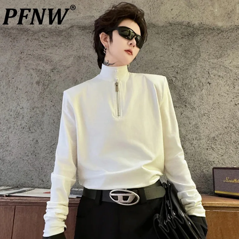 

PFNW Pearl Zipper Trim Men's T-shirt Korean Fashion Mock Neck Solid Color Male Long Sleeve Tops Spring New Stylish 2024 9C4239