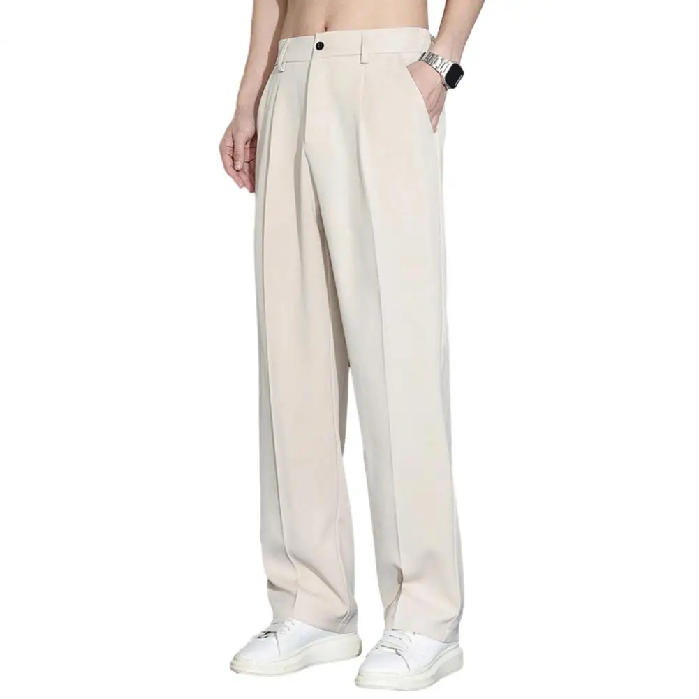 

Draped Business Pants Men's Ice Silk Casual Long Pants with Elastic Waist Buttons Fly Pockets Straight Wide Leg for Comfort