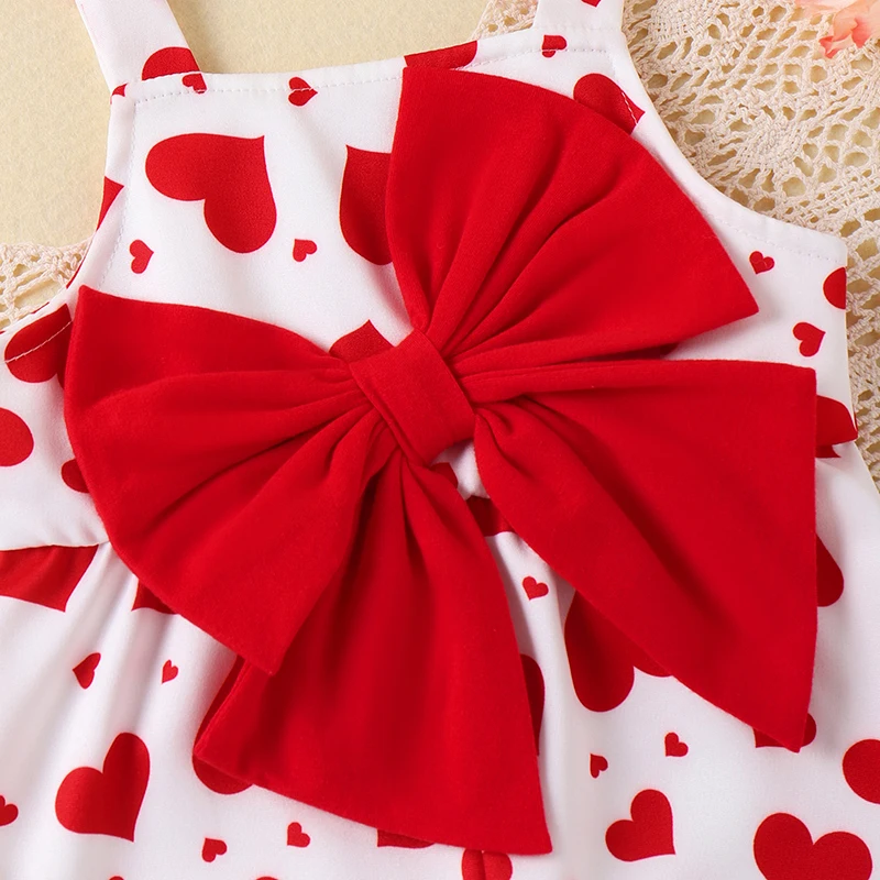 

Baby Girls Valentine s Day Jumpsuit Sleeveless Heart Print Bow Decorathed Suspender Pants Overalls