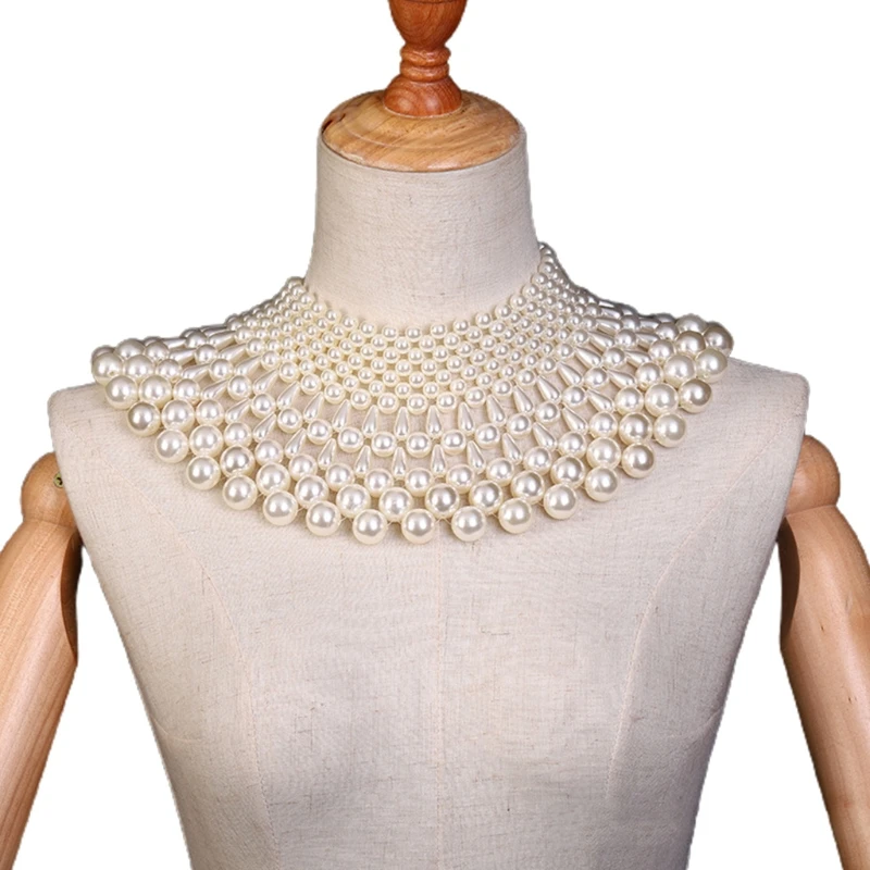 

Sweet Wedding Dress Statement Decorative Necklace Fanshaped Irregular Faux Pearl Beading Bib Choker Fake Collar Jewelry Layered