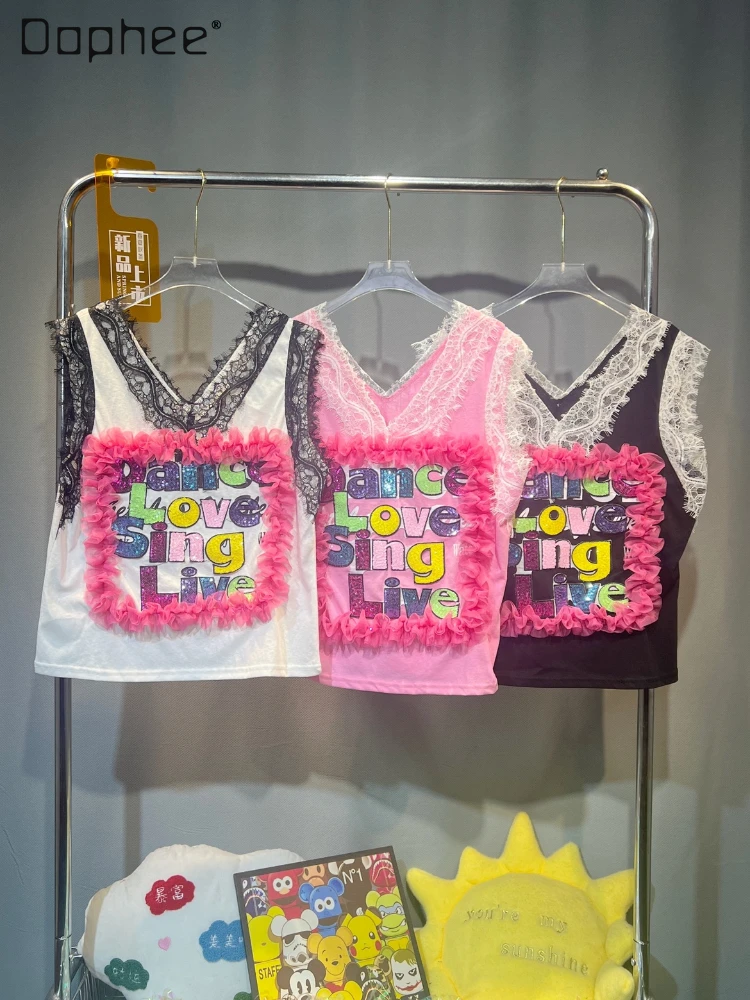 Fashion Brand Lace Stitching V-neck Tank Top Women 2023 Summer Letter Sequins Loose Sleeveless T-shirt Korean Fashion Clothing
Fashion Brand Lace Stitching V-neck Tank Top Women 2023 Summer Letter Sequins Loose Sleeveless T-shirt Korean Fashion Clothing