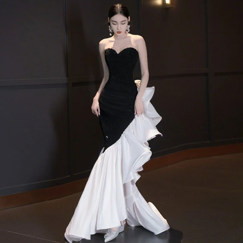 Black White Celebrity Dress Strapless Sleeveless A Line Slim Ruffle Mermaid Women Wedding Evening Party Prom Gowns
Black White Celebrity Dress Strapless Sleeveless A Line Slim Ruffle Mermaid Women Wedding Evening Party Prom Gowns