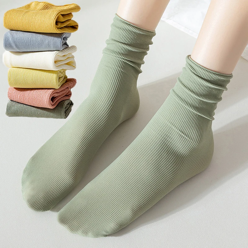 

4Pairs/set Women Colorful Loose No Pilling Socks Knitting Rib Thin Spring Summer Female Socks High Tube Streetwear Soft Sock