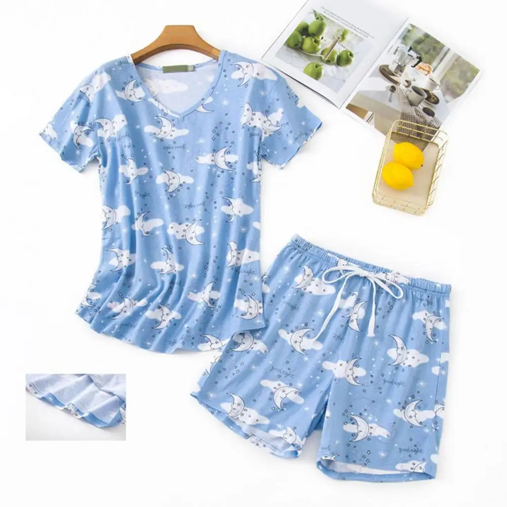 

Cartoon Print Sleepwear Women's Cartoon Printed Pajama Set with O Neck T-shirt Elastic Waist Shorts Summer Sleepwear for Casual