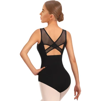 여성용 발레 레이스 반팔 댄스 레오타드 탱크, 할로우 백 댄스웨어 상품 이미지