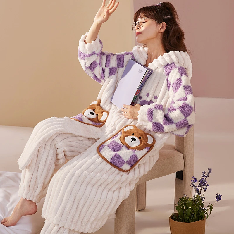 Winter Thicken Women Night-robe Pajamas Hooded Soft Warm Nightgown Sleepwear Kawaii Bear Night Gown With Pants Two piece set
Winter Thicken Women Night-robe Pajamas Hooded Soft Warm Nightgown Sleepwear Kawaii Bear Night Gown With Pants Two piece set