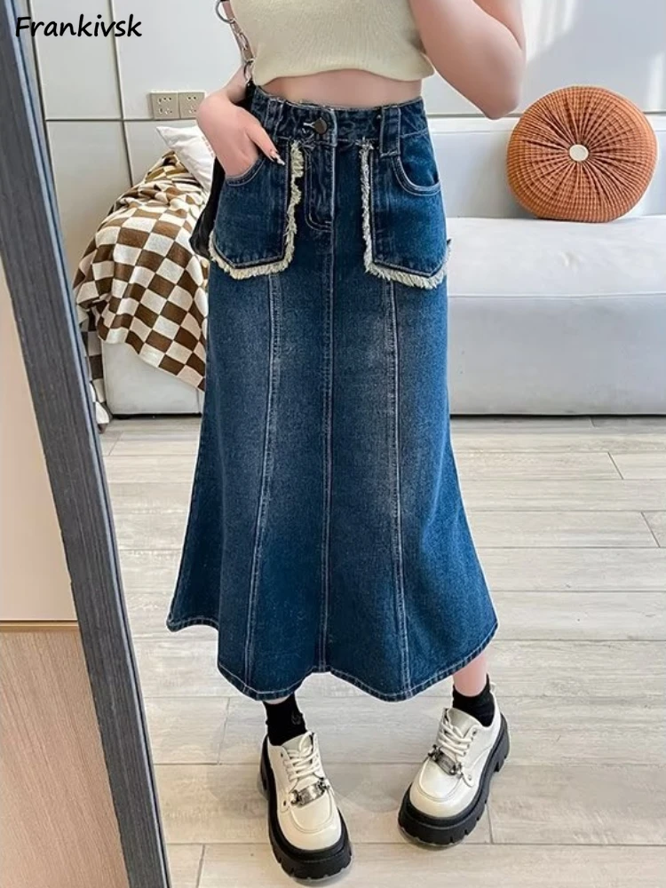 

Denim Long Skirts Women S-5XL Vintage Korean Style Chic All-match Summer Autumn Basic High Street Midi College Faldas Mujer Cozy