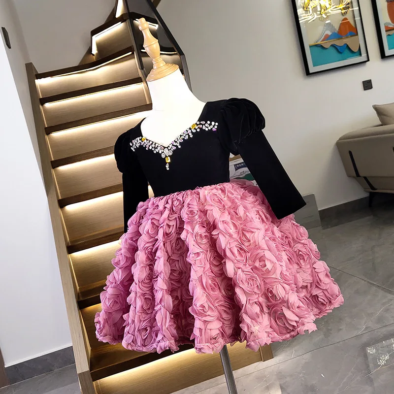 

Pink flowers Elegant Birthday Party Dress for Kids Girl Luxury Pageant Tulle Short Evening Gown Children Cute Princess Dresses