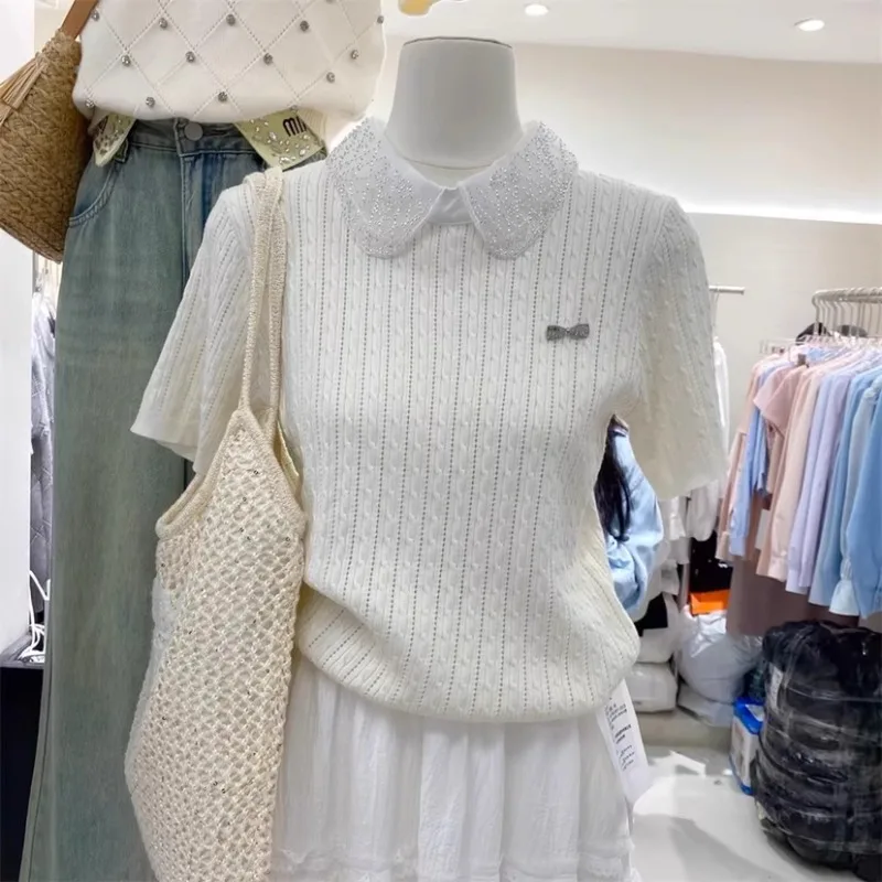 

Корейская мода, кружевной пуловер Miiiix с кукольным воротником, вязаная одежда, женский летний однотонный пуловер с коротким рукавом, топ, женская одежда