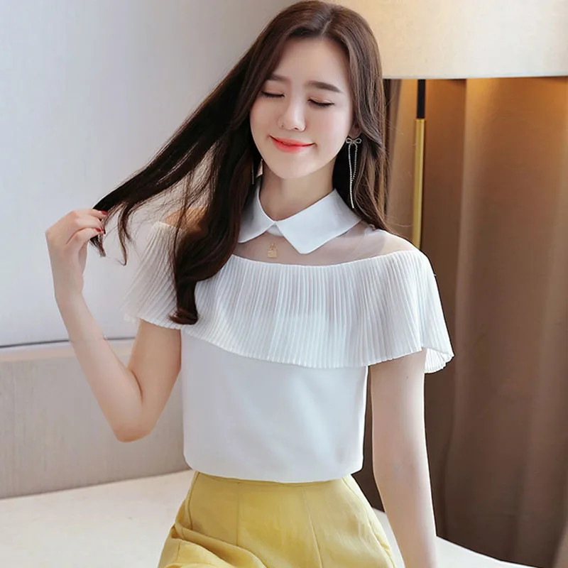 

Summer Short Sleeve Black White Women Blouse Blusas Mujer De Moda 2024 Verano Ruffles Chiffon Blouse Shirt Women Tops Blusa D319