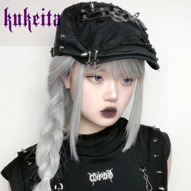 

Kukeita Punk Rock Dark Casual Hole Vintage Black Beret Hats Gothic Metal Rivet Cross Chic Painter Caps Harajuku Streetwear