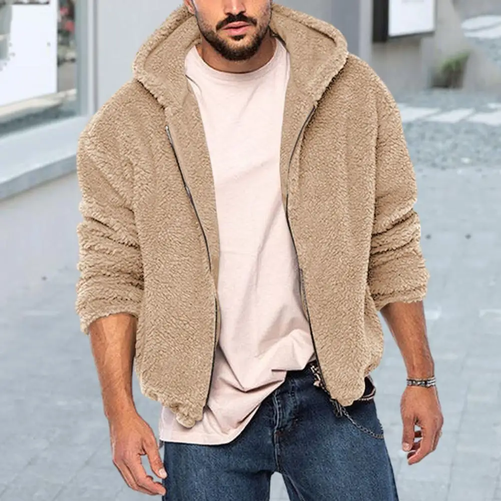 

Men's Fluffy Hooded Coat Trendy Zipper Closure Thickened Fleece Jacket Long Sleeves Winter Warm Hoodie for Men