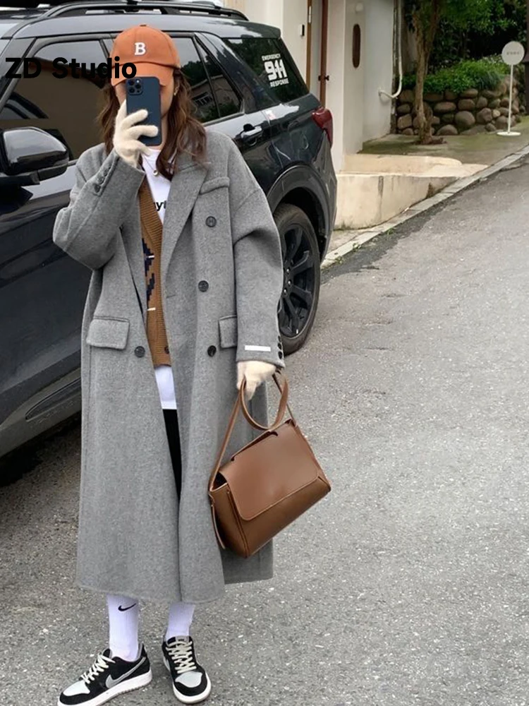 

Женское двустороннее кашемировое пальто [ZD Studio], свободное шерстяное пальто средней длины до колен в Корейском стиле, с обратным сезоном, в стиле академии, 2023