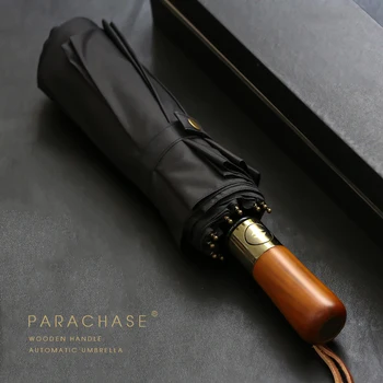 PARACHASE 대형 우산 남성용 비즈니스 스타일 115cm 자동 우산 우천용 2겹 10K 바람막이 대형 골프 우산 목제