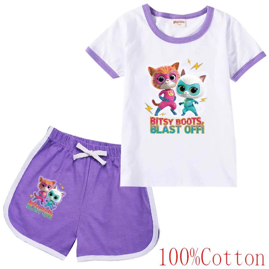 

New Fashion Kawaii Superkitties Clothes Kids 2024 Summer Pajama Sets Baby Girls Short Sleeve T-shirt Pants 2pcs Set Boys Pyjamas