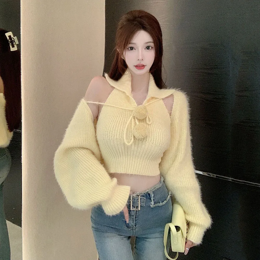

Autumn Cardigans Women's Sweater V Neck Vest Long Sleeve Korean Fashion Cuff Shoulder Knit Sweaters Solid Woman Clothes 2 Piece