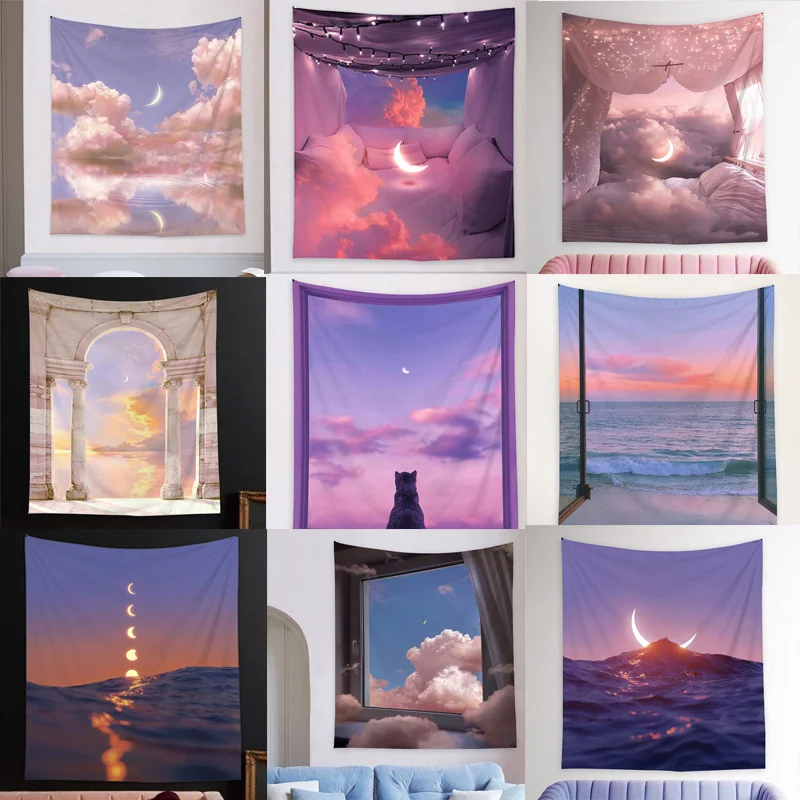 

Sea Outside The Window Tapestry Hippie Wall Hanging Starry Night Sky Moon Tapestries Psychedelic Wall Cloth Carpet Ceiling