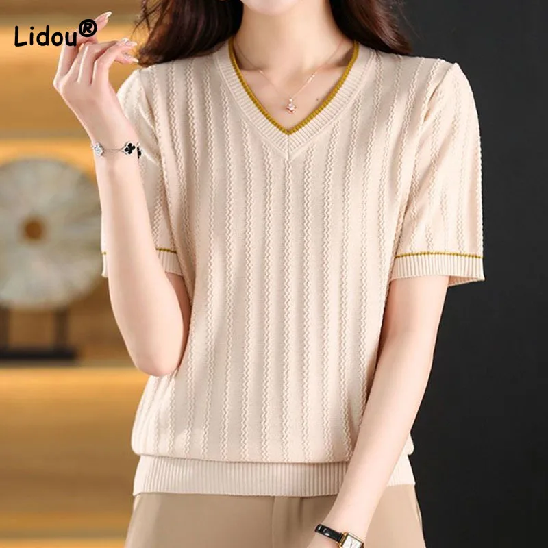 

Female Simplicity Commute Short Sleeve Knitted Tops Summer Fashion All-match Solid V-Neck Pullovers T-shirt Women's Clothing