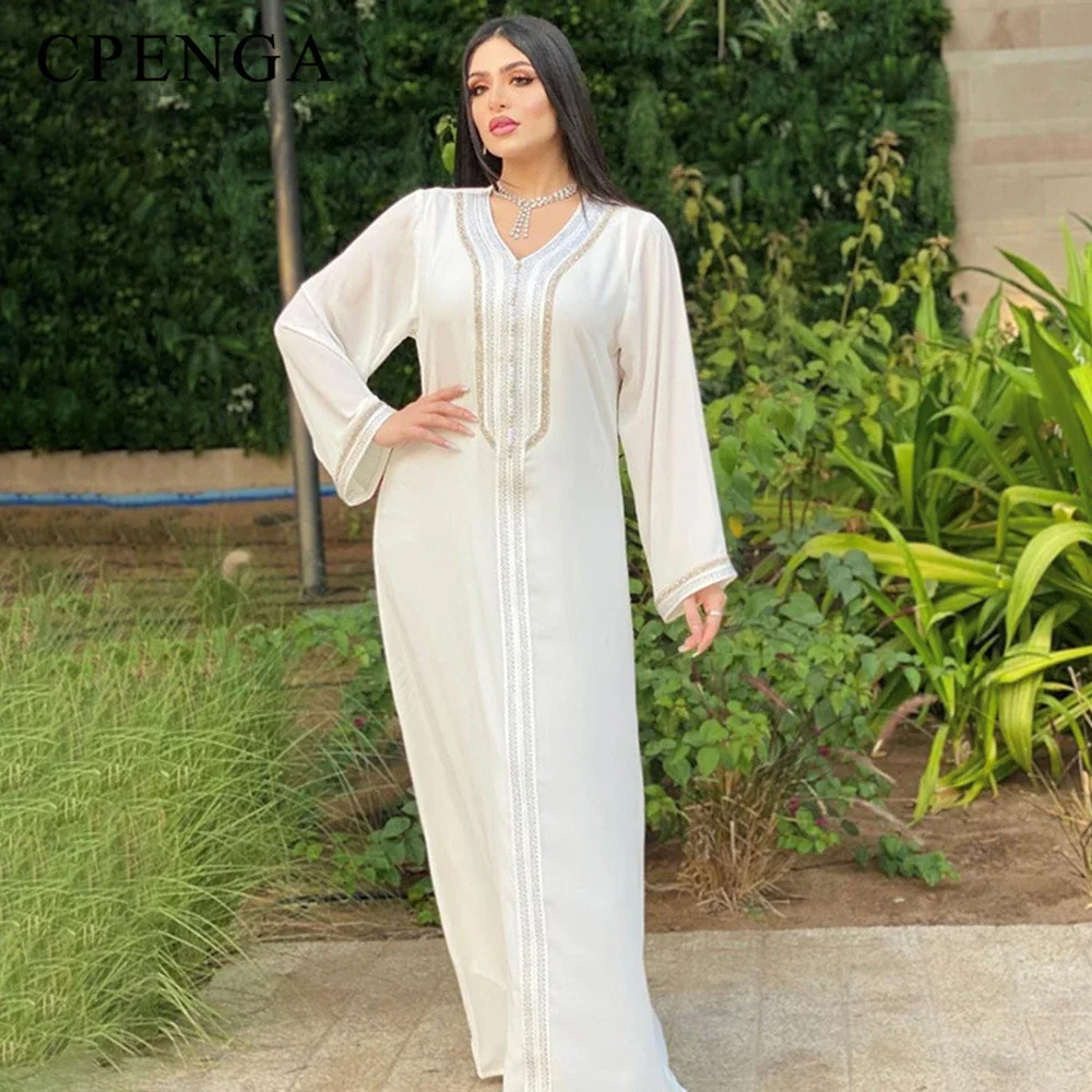 

White Kaftan Luxury Dubai Abaya Turkey Muslim Dress Islam Abayas Dresses for Women Robe Djellaba Caftan Ensemble Femme Musulmane