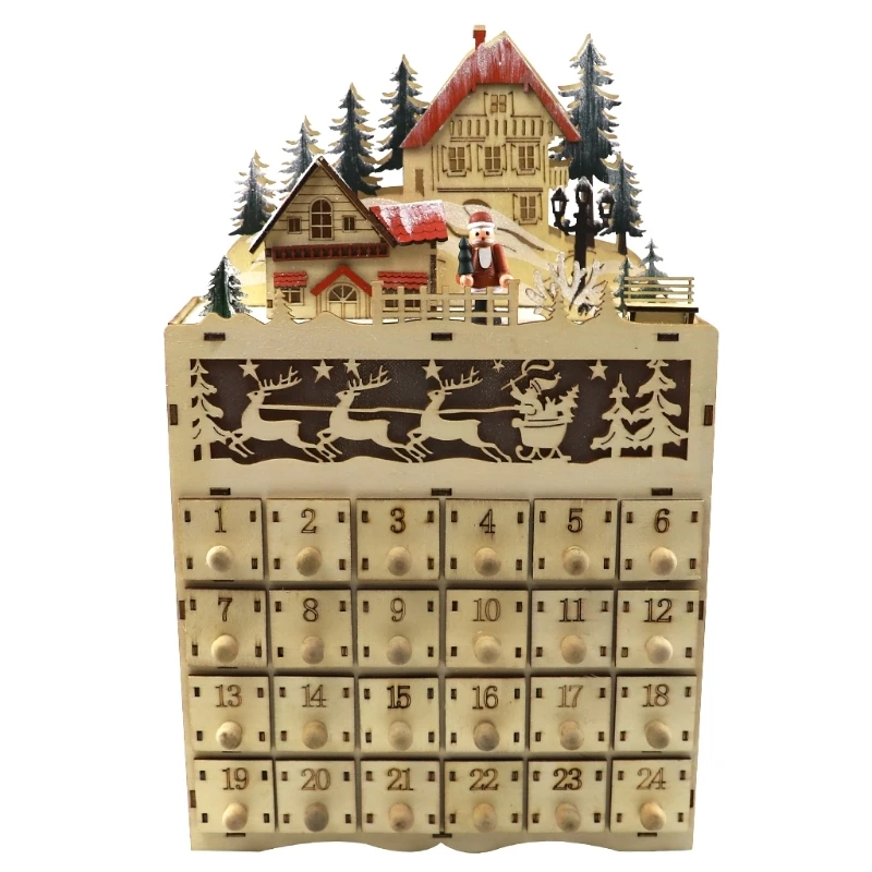 

Christmas Wooden Advent Calendar LED Lighted Village House Countdown Ornament with Drawers Box Decor Gift
