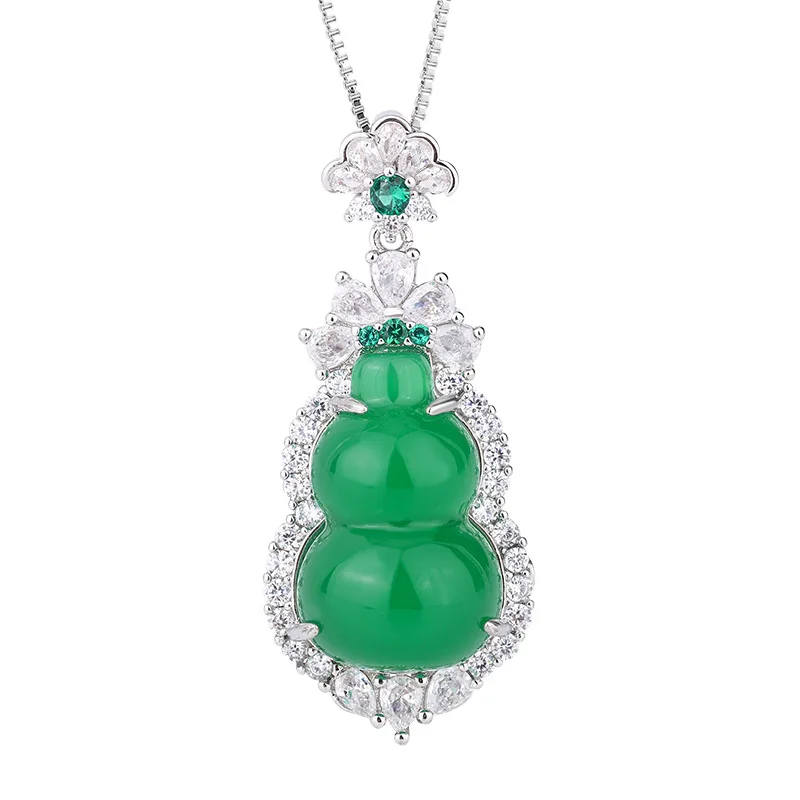 

New 925 Silver Jade Pendant Inlaid with Green Jade Chalcedony Gourd Necklace Temperament Jade Pendant for Men and Women