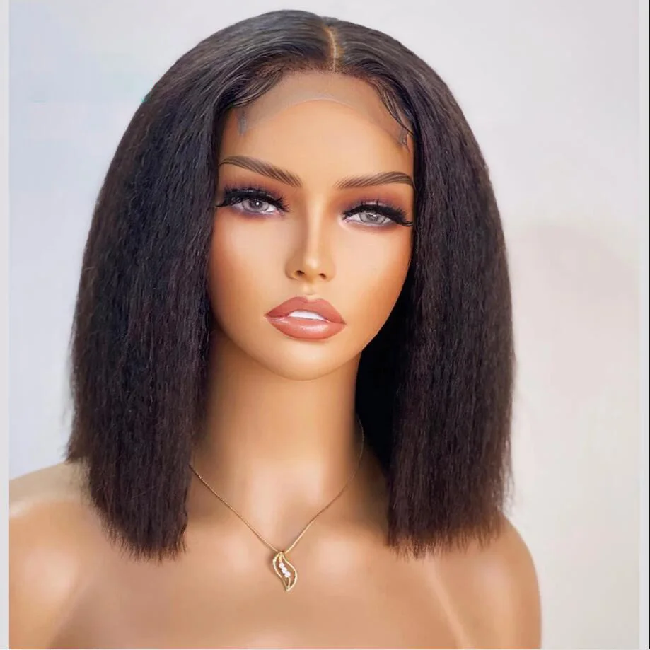 

Soft Black 16Inch 180% Density Short Bob Kinky Straight Lace Front Wig For Women With Baby Hair Synthetic Preplucked Glueless