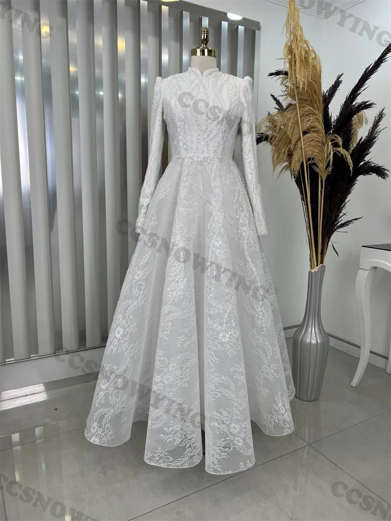 

Элегантное кружевное мусульманское свадебное платье с аппликацией из бисера с длинным рукавом и высоким воротником исламское свадебное платье арабский Дубайский халат для невесты