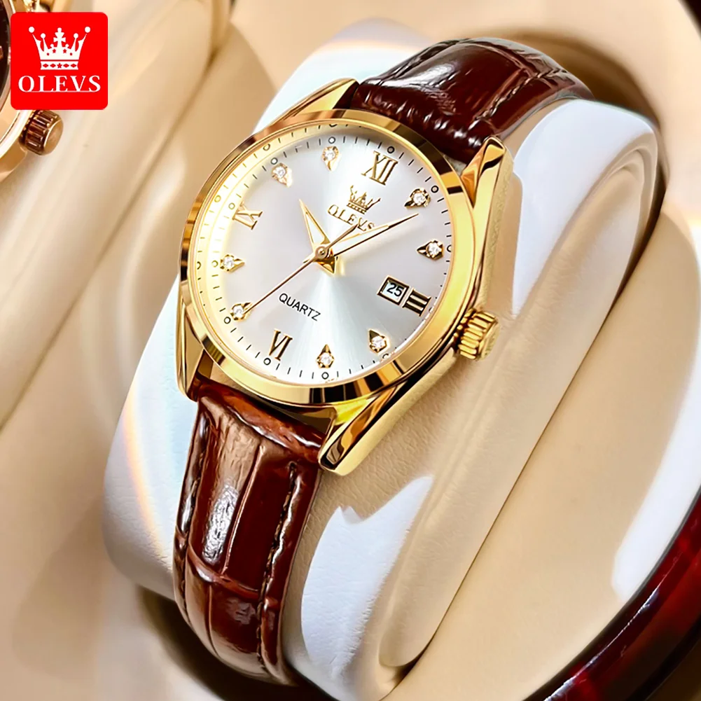 

OLEVS Original Quartz Watch for Women Luxury Diamond Date Dial Luminous Wristwatch Waterproof Leather Strap Women's Watch Reloj