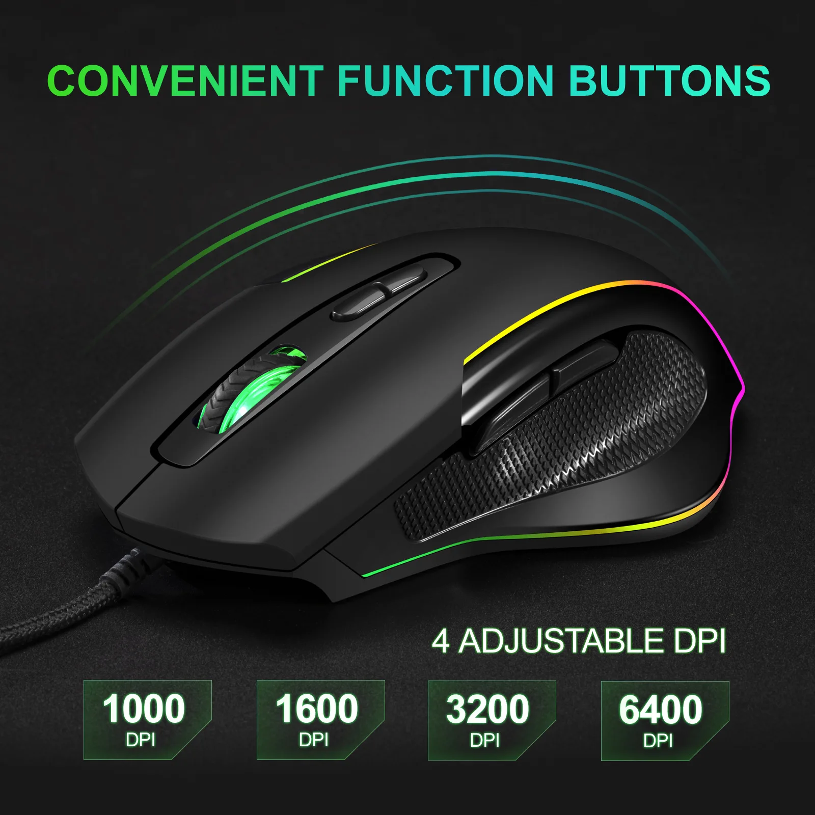 

Wired Optical Gaming Mouse Seven Button Macro Luminous Breathing Light Mause 7 RGB Mice 4 Adjustable 6400 DPI for Esports Gamer