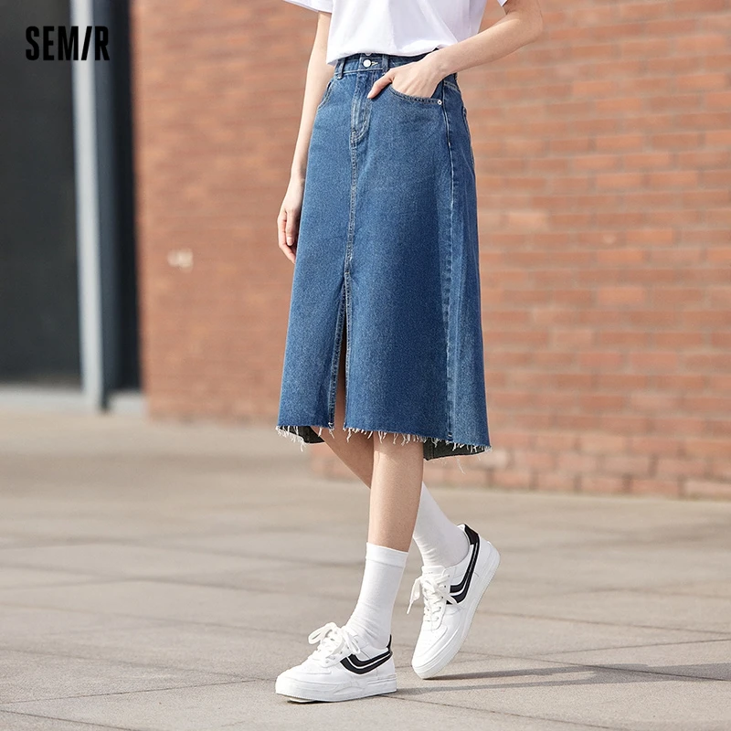 

Semir 2024 Denim Skirt Women High Waist Raw Edge Retro Versatile 2024 Spring New Slim Slit A-Line Skirt Salt Series Skirts