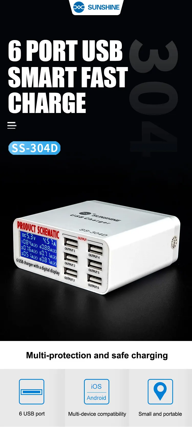 Универсальное быстрое зарядное устройство USB Sunshine на 6 портов, 5 В, 6 А, быстрое зарядное устройство с цифровым дисплеем для iPhone, iPad, электронный продукт
Универсальное быстрое зарядное устройство USB Sunshine на 6 портов, 5 В, 6 А, быстрое зарядное устройство с цифровым дисплеем для iPhone, iPad, электронный продукт