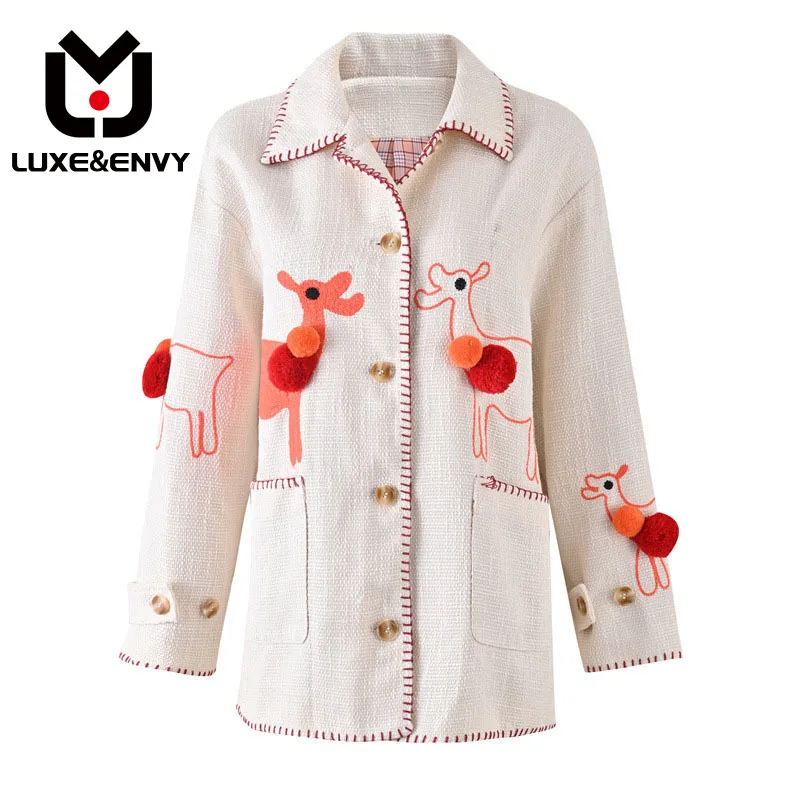 

LUXE&ENVY Alpaca Ball Embroidery Heavy Industry Hemp Feel Niche Design New Lapel Jacket Long Sleeved Jacket L8063 2023 Autumn