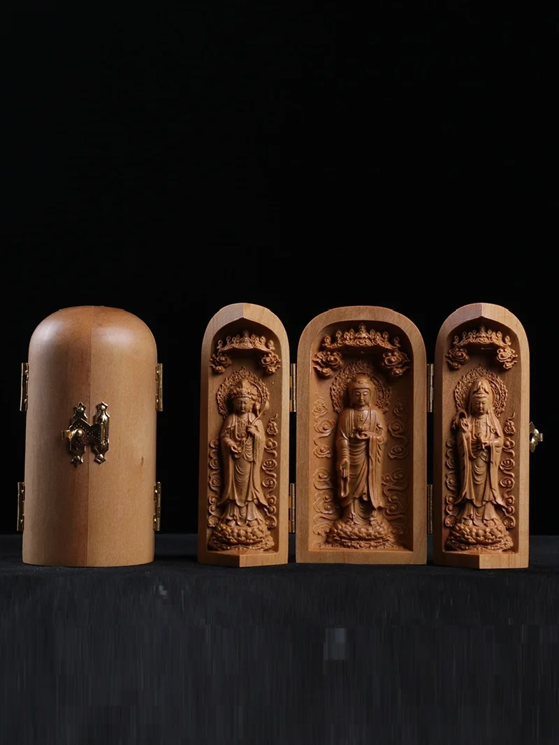 Teak wood carving Chinese style ornaments portable niche Buddha statue Bodhisattva three saints Avalokitesvara three open box
Teak wood carving Chinese style ornaments portable niche Buddha statue Bodhisattva three saints Avalokitesvara three open box