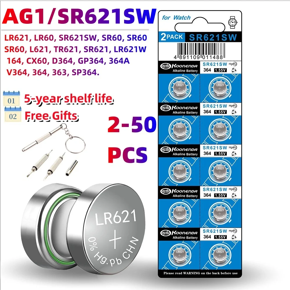 

Большой емкости 10-50 шт. SR621SW AG1 LR621 364 363 LR60 164 1,5 V стандартная Серебряная часовая батарейка с 1 шт. в подарок
