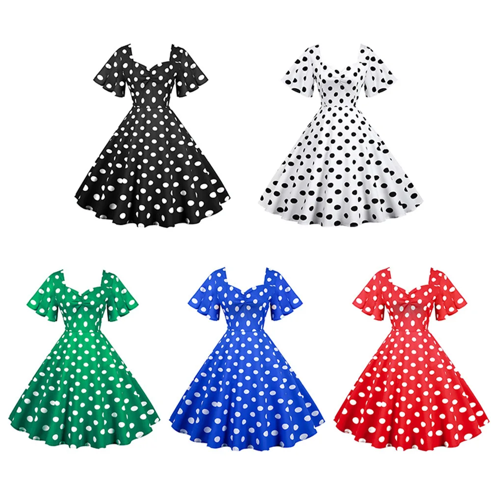 

Film Women 50S 60S Cosplay Vintage Polka Dot Printed 1950S Cocktail Party Swing Dress Retro Audrey Hepburn Rockabilly Prom Skirt