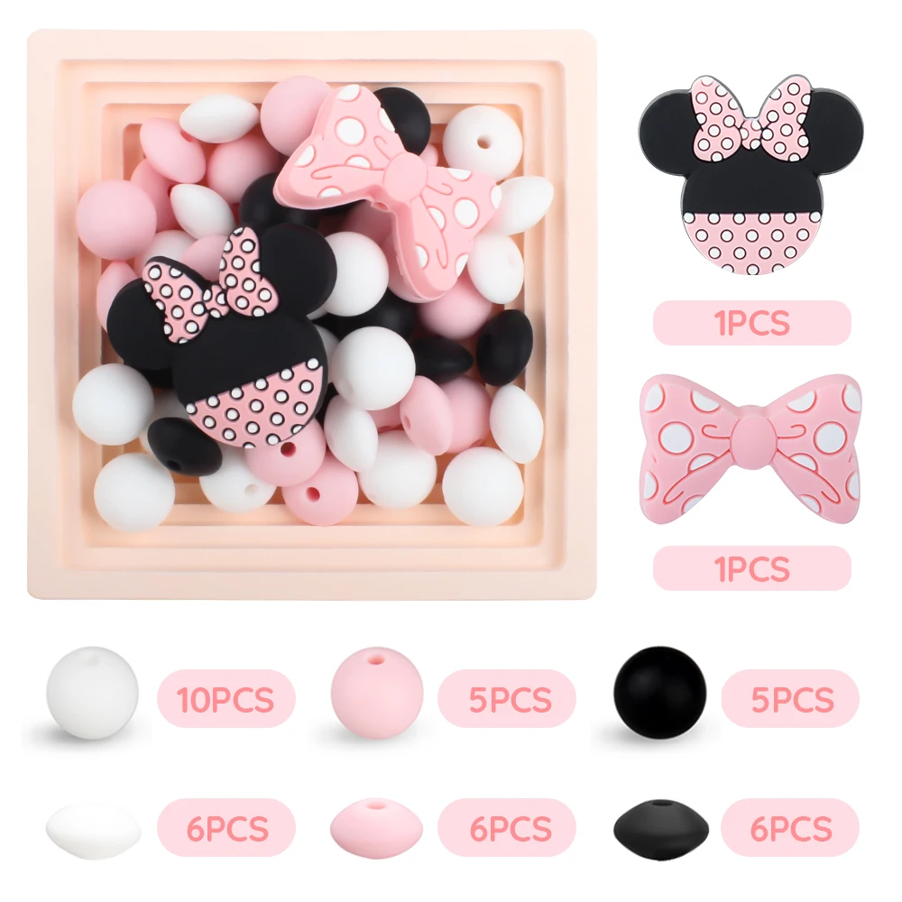 

40Pcs/Set Silicone Beads Baby Teething Beads Set Bowknot Mouse Hexagonal Shape Beads DIY Pacifier Chain Necklace Accessories