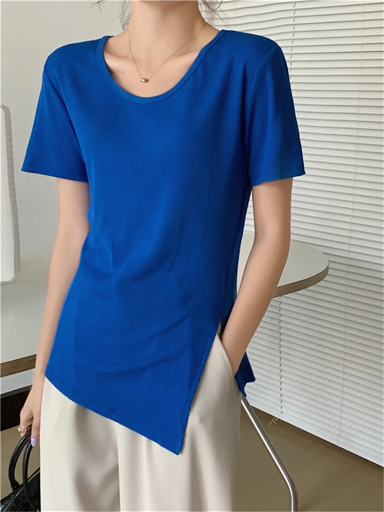 Футболка женская с разрезом сбоку, повседневный элегантный трикотажный топ с коротким рукавом и круглым вырезом, голубая рубашка, на лето, 2022
Футболка женская с разрезом сбоку, повседневный элегантный трикотажный топ с коротким рукавом и круглым вырезом, голубая рубашка, на лето, 2022