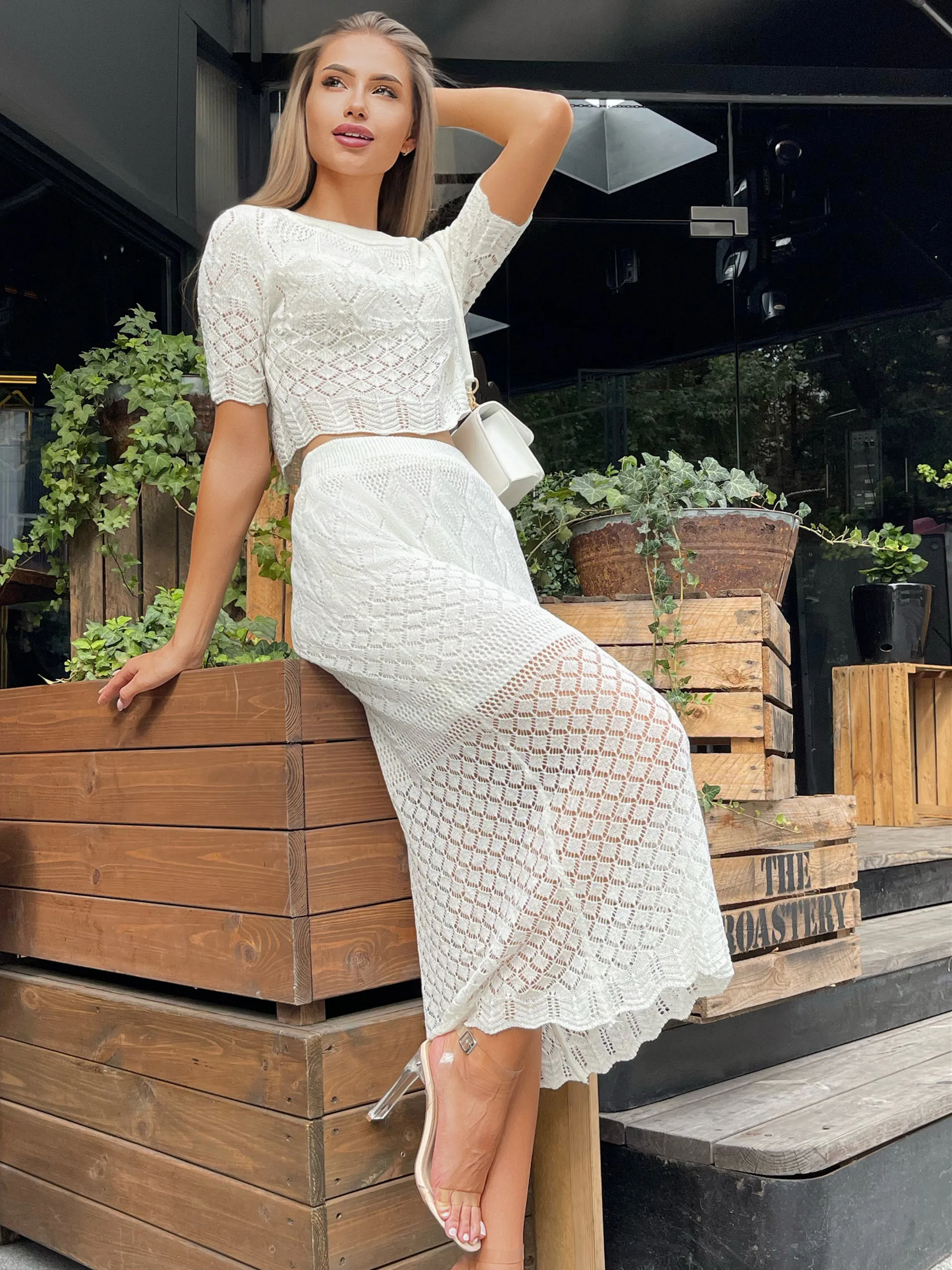 

Summer New Vacation Style Knitted 2 Piece Set Women's Outfits Crochet Short Sleeve Knitwear Tshirt and Long Maxi Skirt Suits